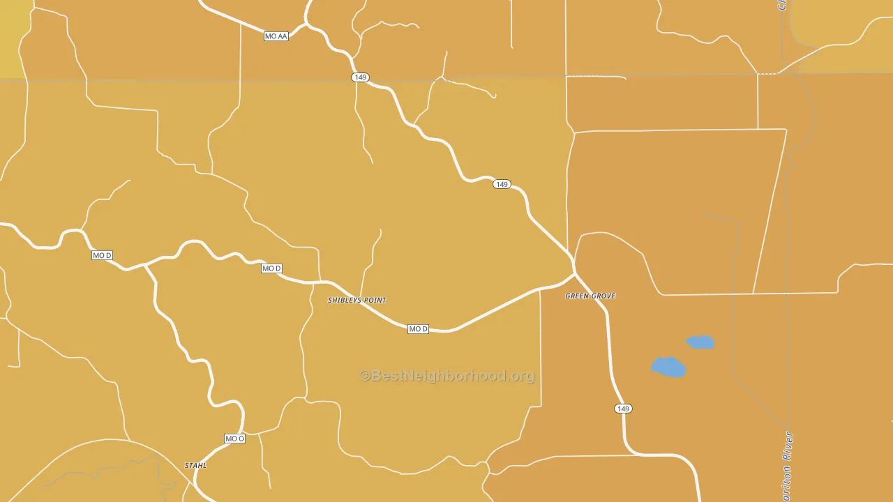Map of the best neighborhoods in the Shibleys Point area, with better matches in green and worse matches in red