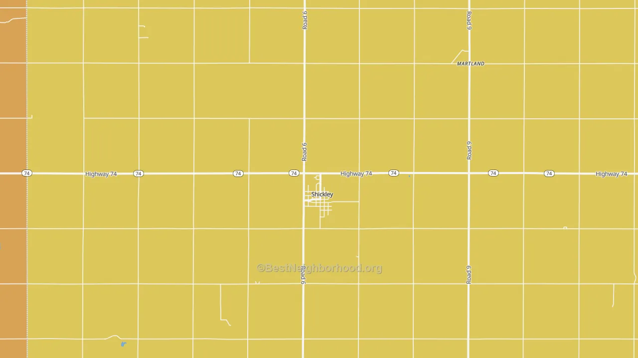 Map of the best neighborhoods in the Shickley area, with better matches in green and worse matches in red