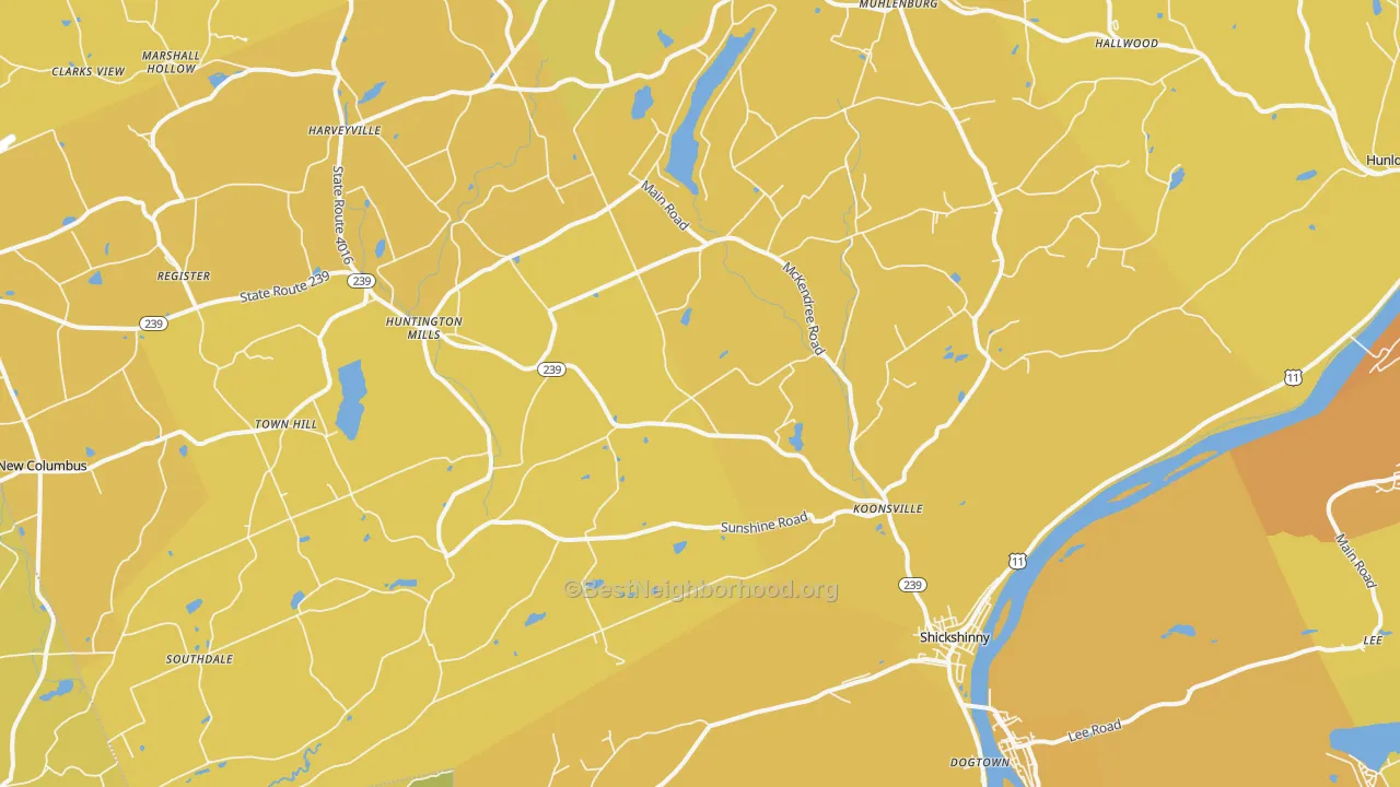 Map of the best neighborhoods in the Shickshinny area, with better matches in green and worse matches in red