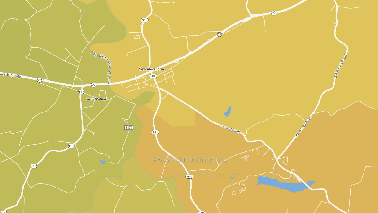 Map of the best neighborhoods in the Shieldsburg area, with better matches in green and worse matches in red