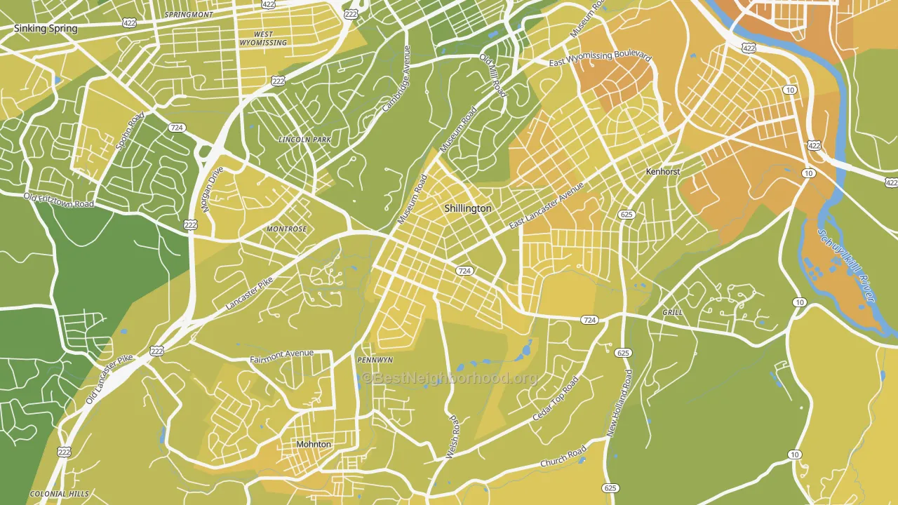 Map of the best neighborhoods in the Shillington area, with better matches in green and worse matches in red
