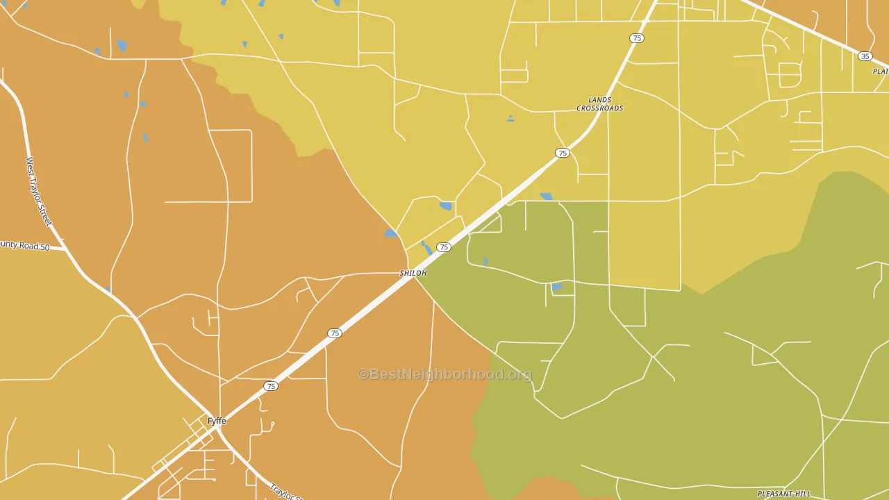 Map of the best neighborhoods in the Shiloh area, with better matches in green and worse matches in red