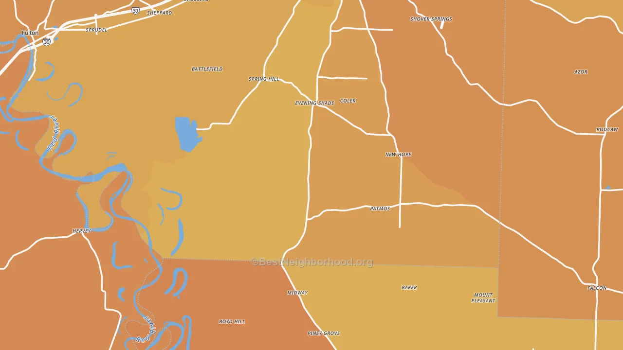 Map of the best neighborhoods in the Shiloh area, with better matches in green and worse matches in red