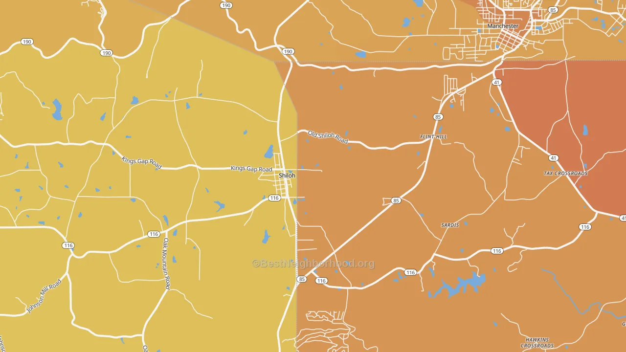 Map of the best neighborhoods in the Shiloh area, with better matches in green and worse matches in red