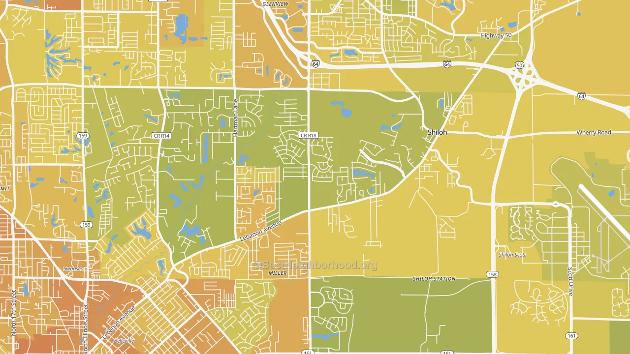 Map of the best neighborhoods in the Shiloh area, with better matches in green and worse matches in red