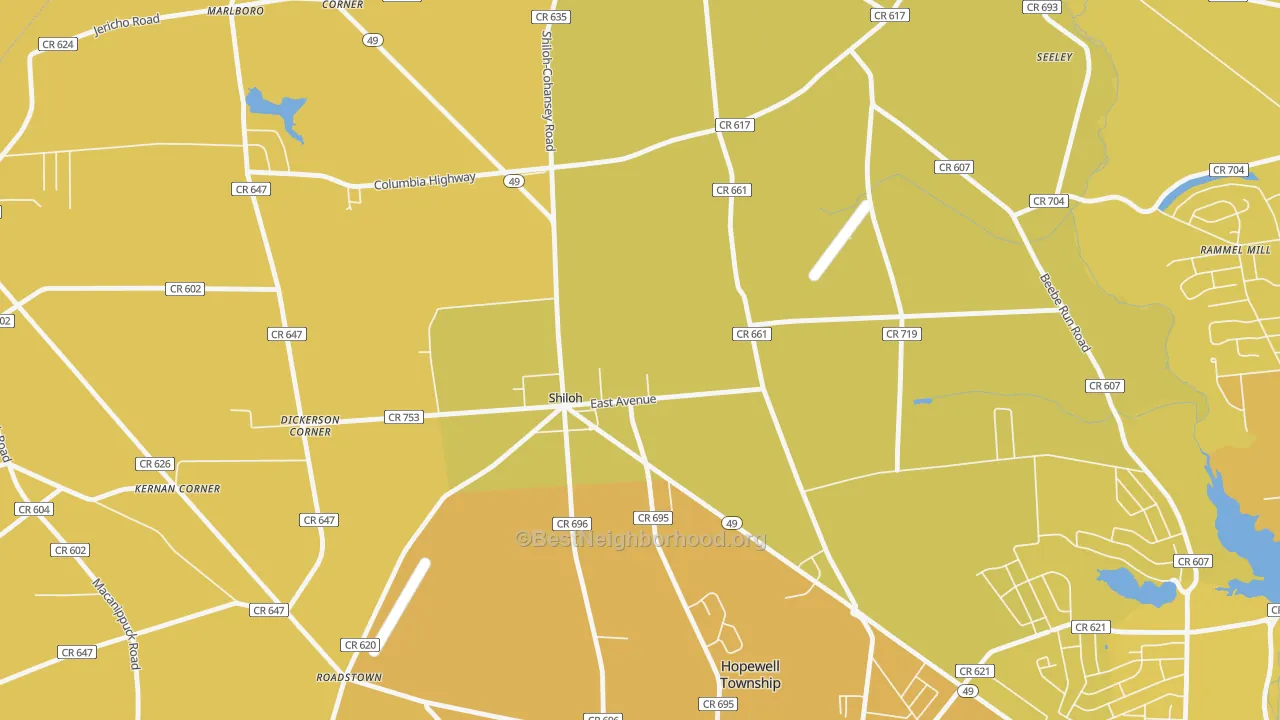 Map of the best neighborhoods in the Shiloh area, with better matches in green and worse matches in red