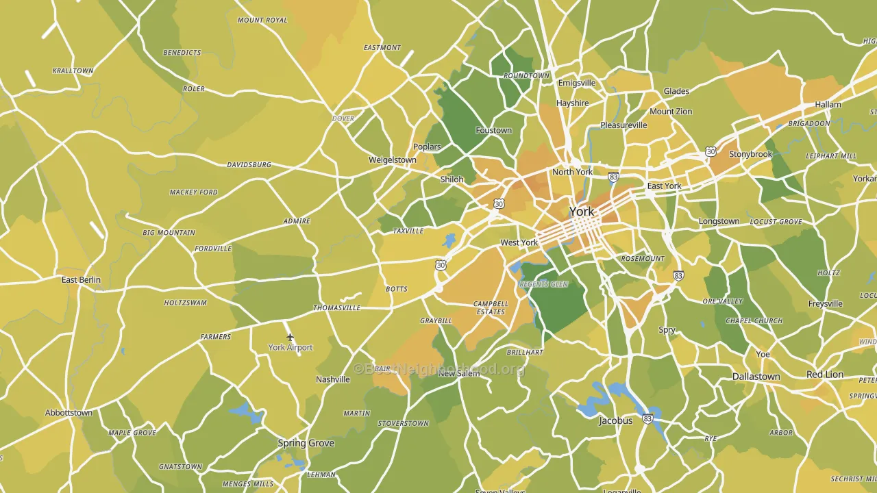 Map of the best neighborhoods in the Shiloh area, with better matches in green and worse matches in red