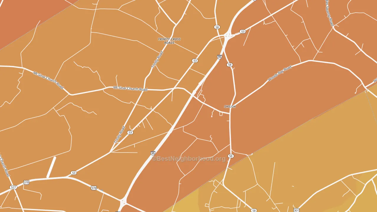Map of the best neighborhoods in the Shiloh area, with better matches in green and worse matches in red