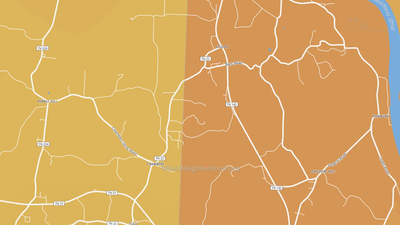 Map of the best neighborhoods in the Shiloh area, with better matches in green and worse matches in red