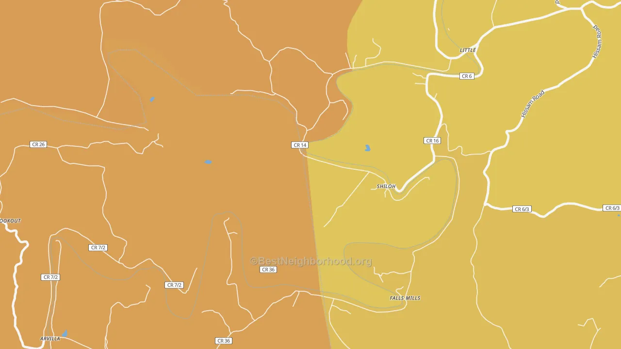 Map of the best neighborhoods in the Shiloh area, with better matches in green and worse matches in red