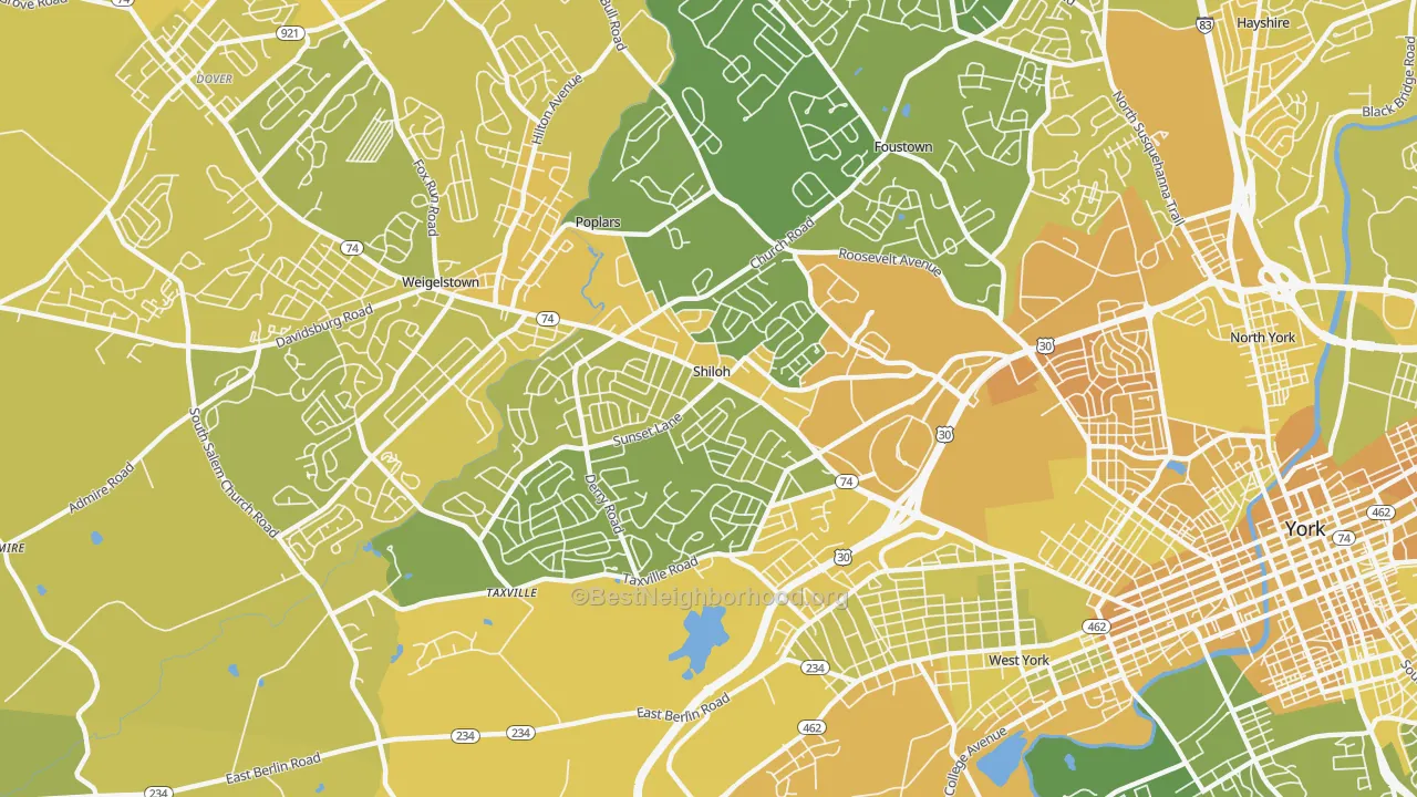 Map of the best neighborhoods in the Shiloh, York area, with better matches in green and worse matches in red