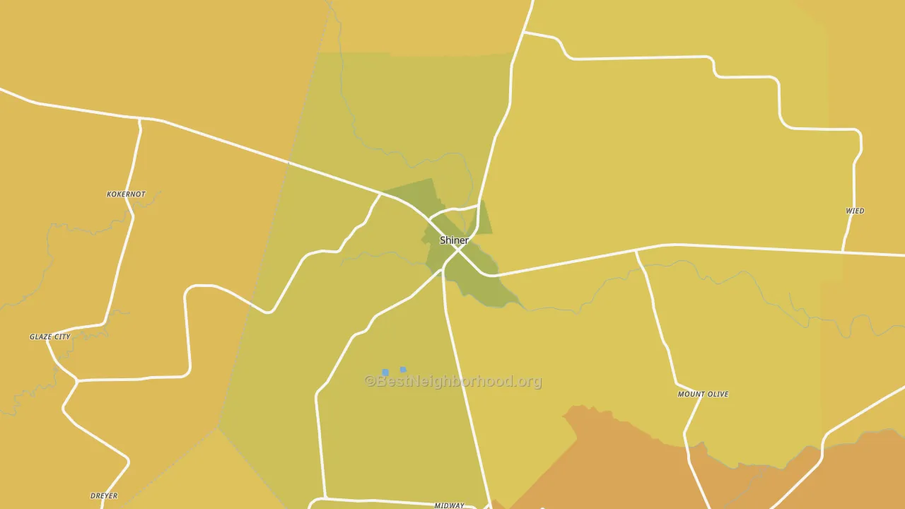 Map of the best neighborhoods in the Shiner area, with better matches in green and worse matches in red