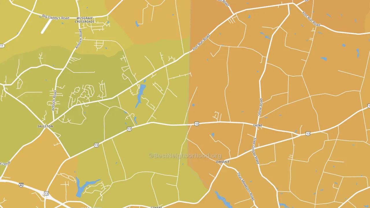 Map of the best neighborhoods in the Shines Crossroads area, with better matches in green and worse matches in red