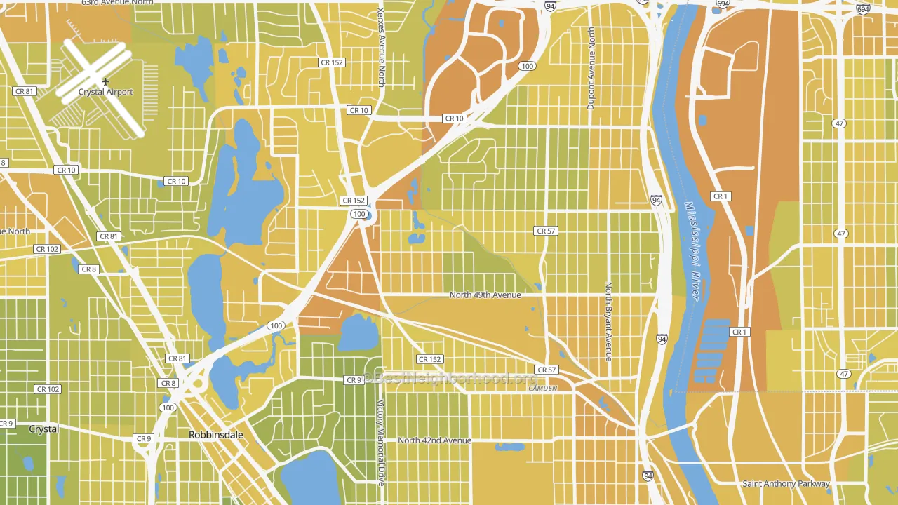 Map of the best neighborhoods in the Shingle Creek, Minneapolis area, with better matches in green and worse matches in red