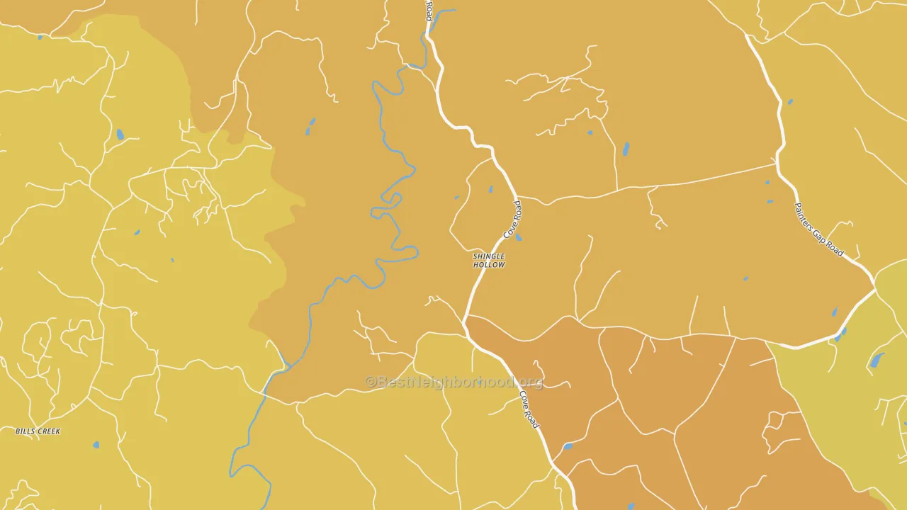Map of the best neighborhoods in the Shingle Hollow area, with better matches in green and worse matches in red