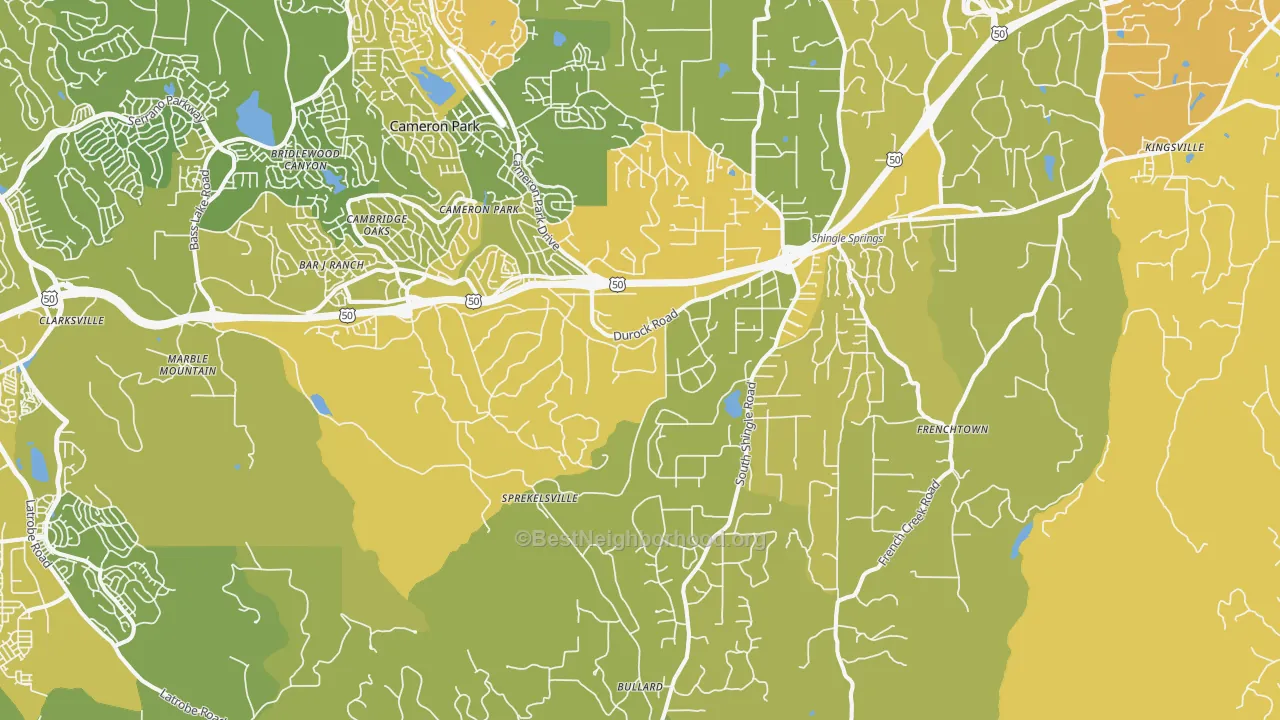 Map of the best neighborhoods in the Shingle Springs area, with better matches in green and worse matches in red