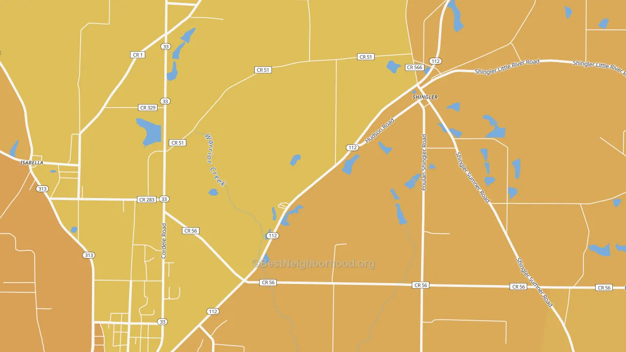 Map of the best neighborhoods in the Shingler area, with better matches in green and worse matches in red