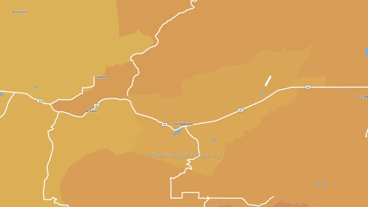 Map of the best neighborhoods in the Shingletown area, with better matches in green and worse matches in red