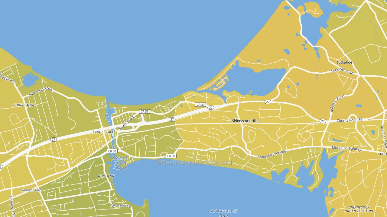 Map of the best neighborhoods in the Shinnecock Hills area, with better matches in green and worse matches in red