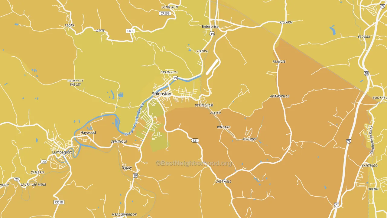 Map of the best neighborhoods in the Shinnston area, with better matches in green and worse matches in red