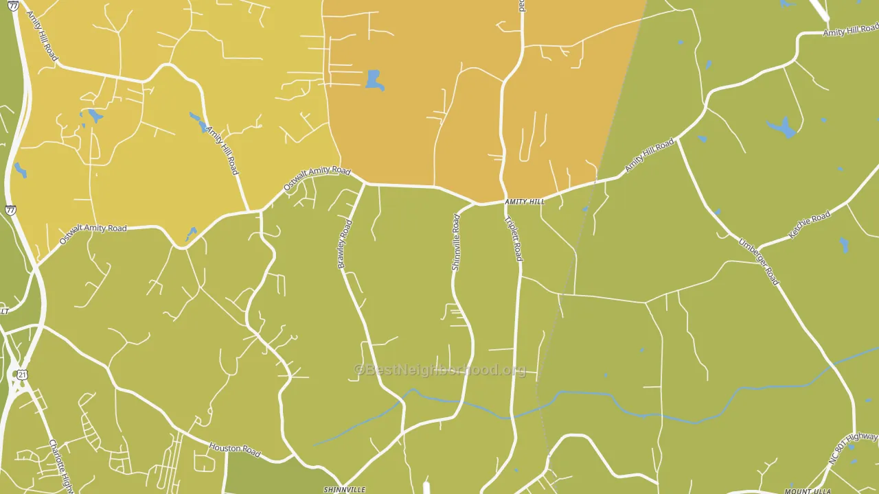 Map of the best neighborhoods in the Shinnville area, with better matches in green and worse matches in red