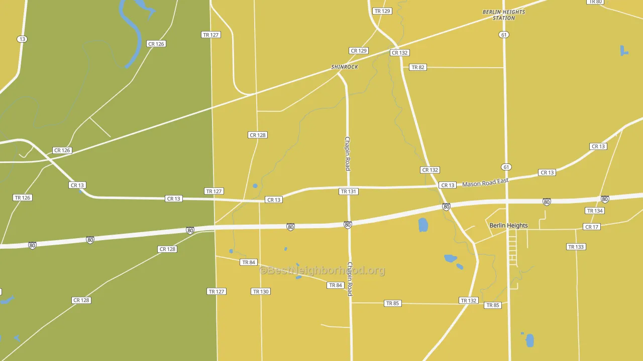 Map of the best neighborhoods in the Shinrock area, with better matches in green and worse matches in red