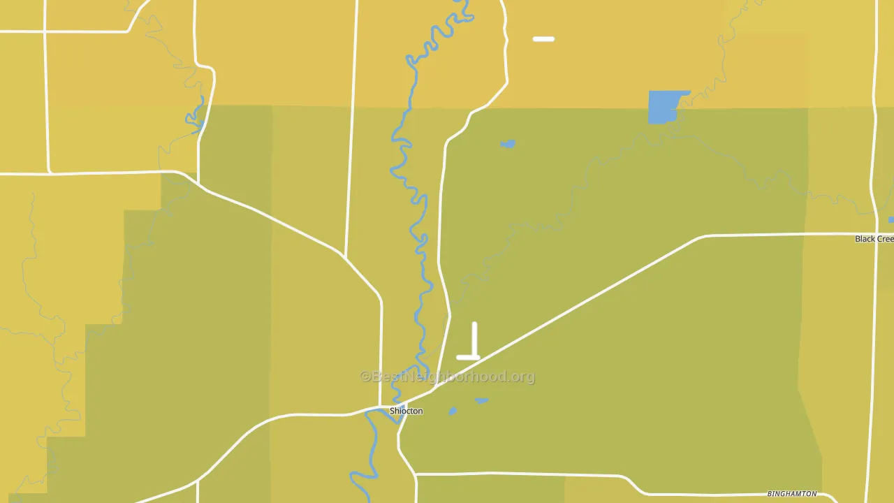 Map of the best neighborhoods in the Shiocton area, with better matches in green and worse matches in red