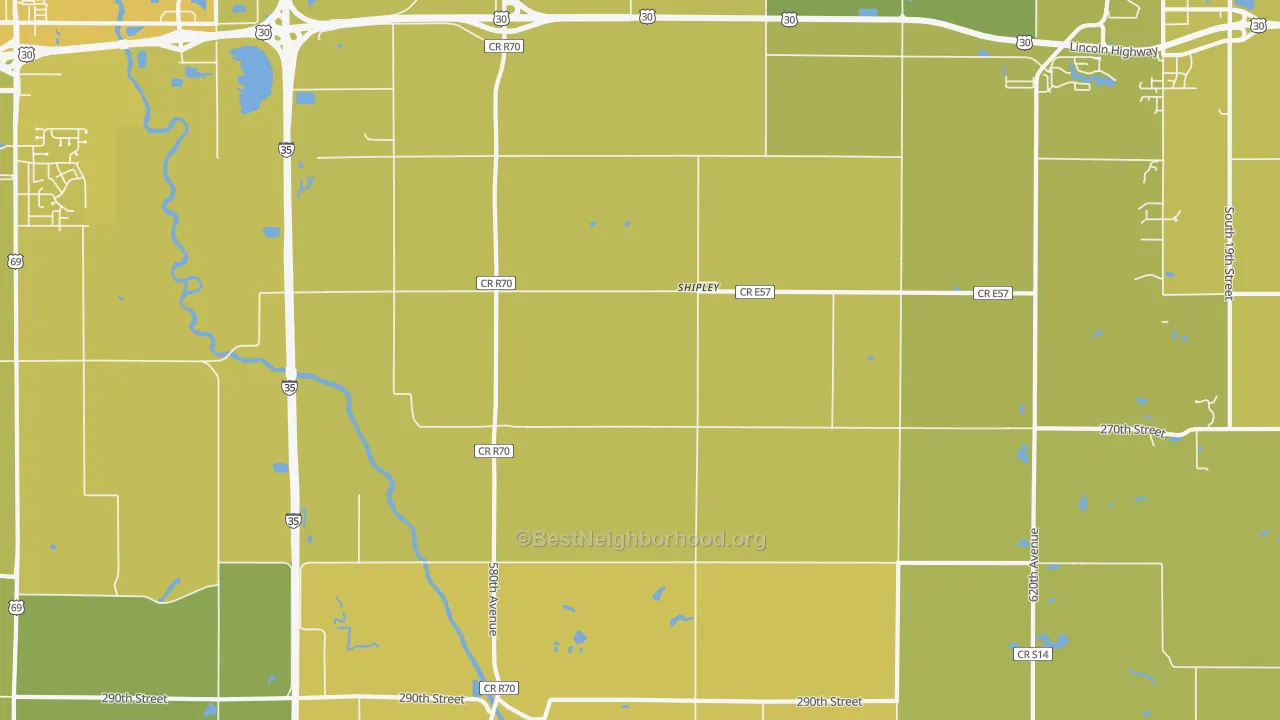 Map of the best neighborhoods in the Shipley area, with better matches in green and worse matches in red