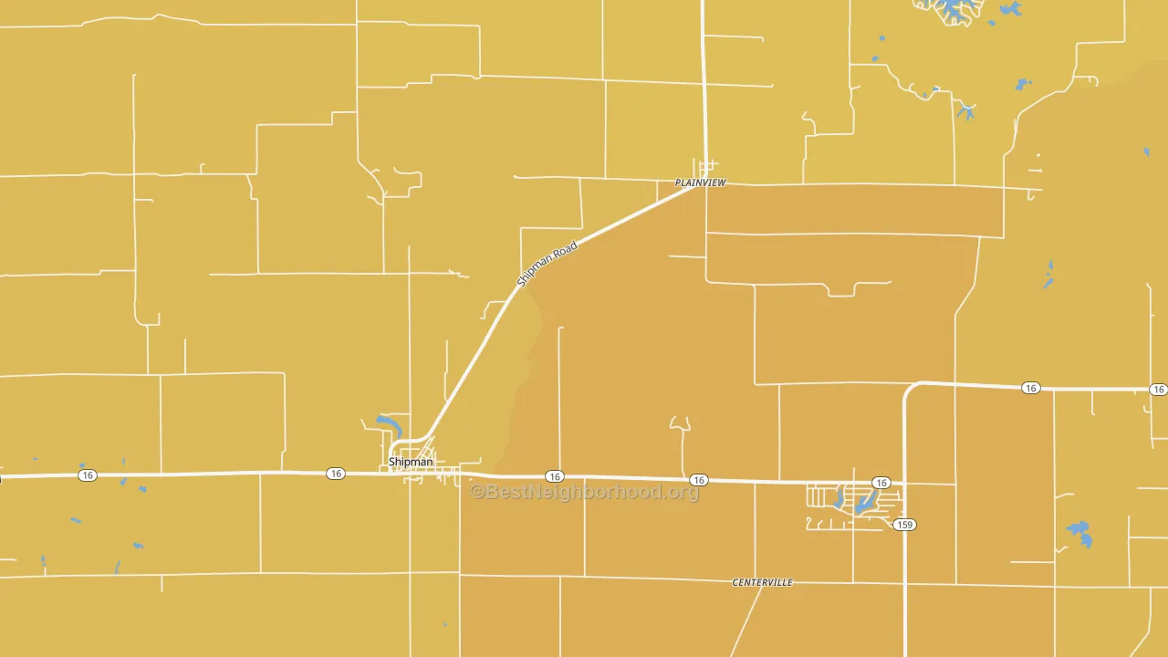 Map of the best neighborhoods in the Shipman area, with better matches in green and worse matches in red