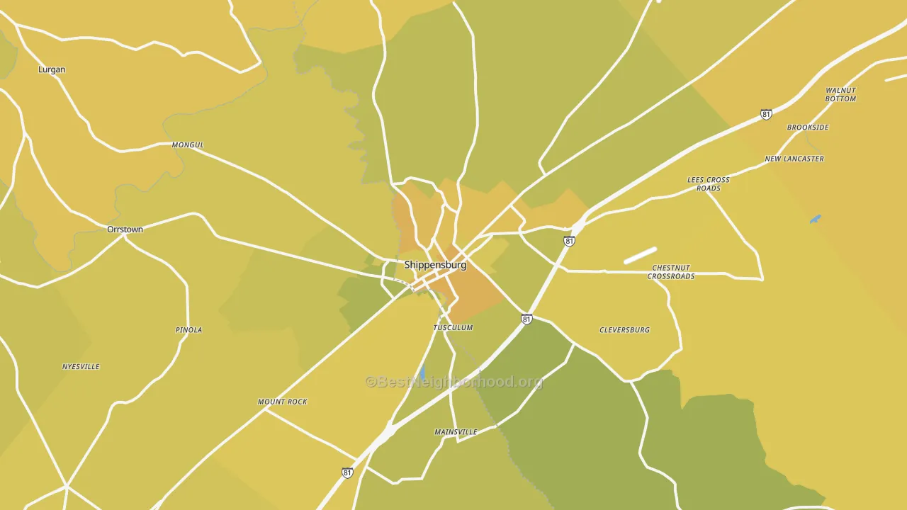 Map of the best neighborhoods in the Shippensburg area, with better matches in green and worse matches in red