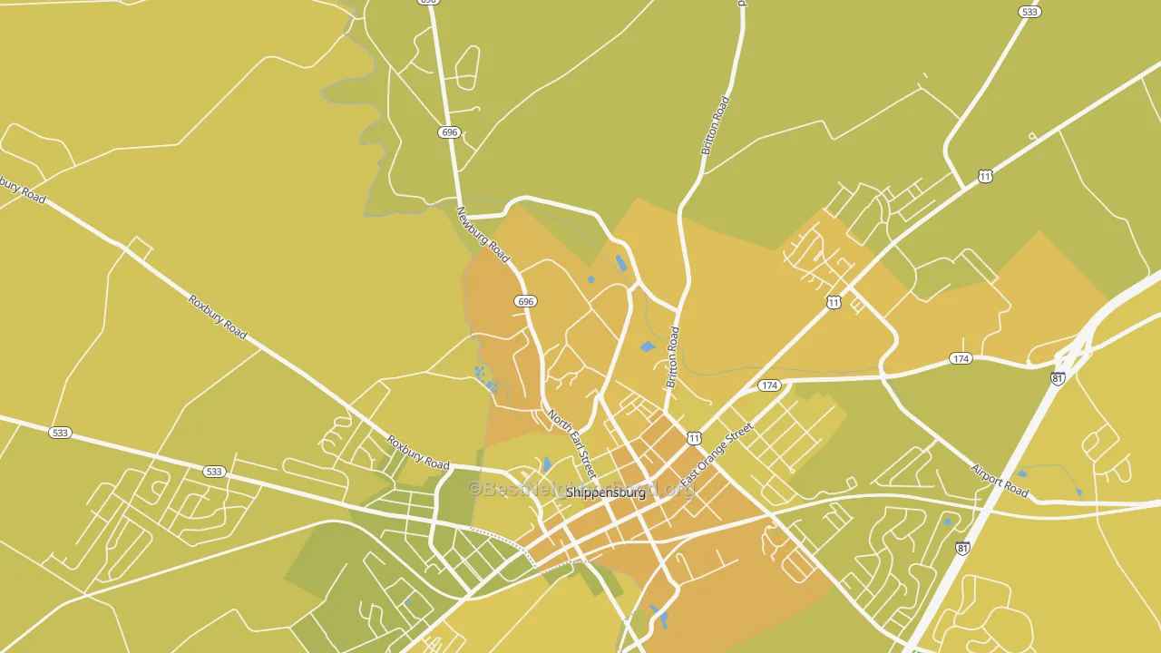 Map of the best neighborhoods in the Shippensburg University area, with better matches in green and worse matches in red