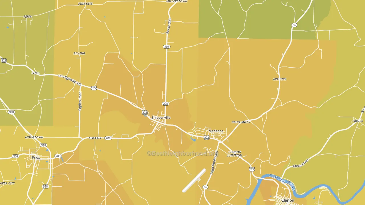 Map of the best neighborhoods in the Shippenville area, with better matches in green and worse matches in red