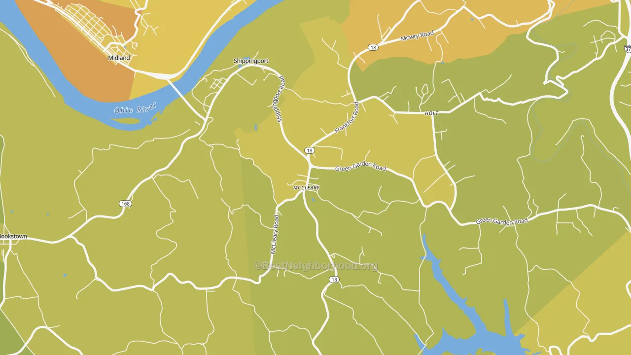 Map of the best neighborhoods in the Shippingport area, with better matches in green and worse matches in red