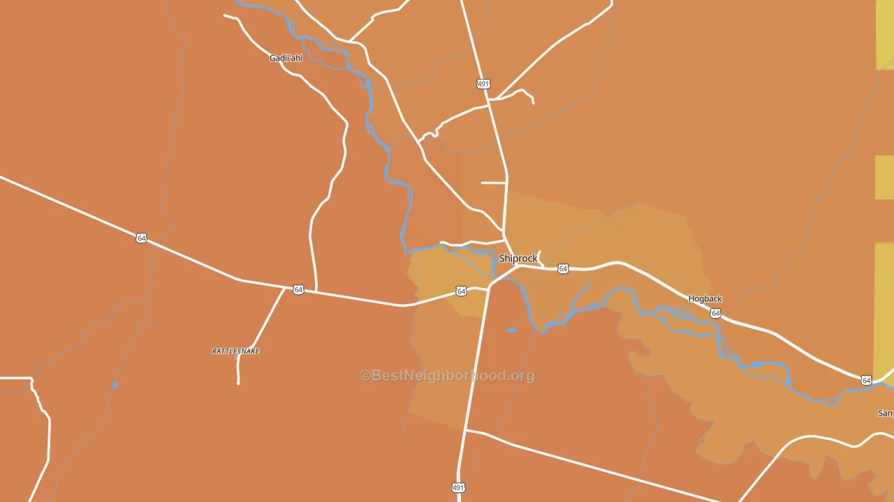 Map of the best neighborhoods in the Shiprock area, with better matches in green and worse matches in red