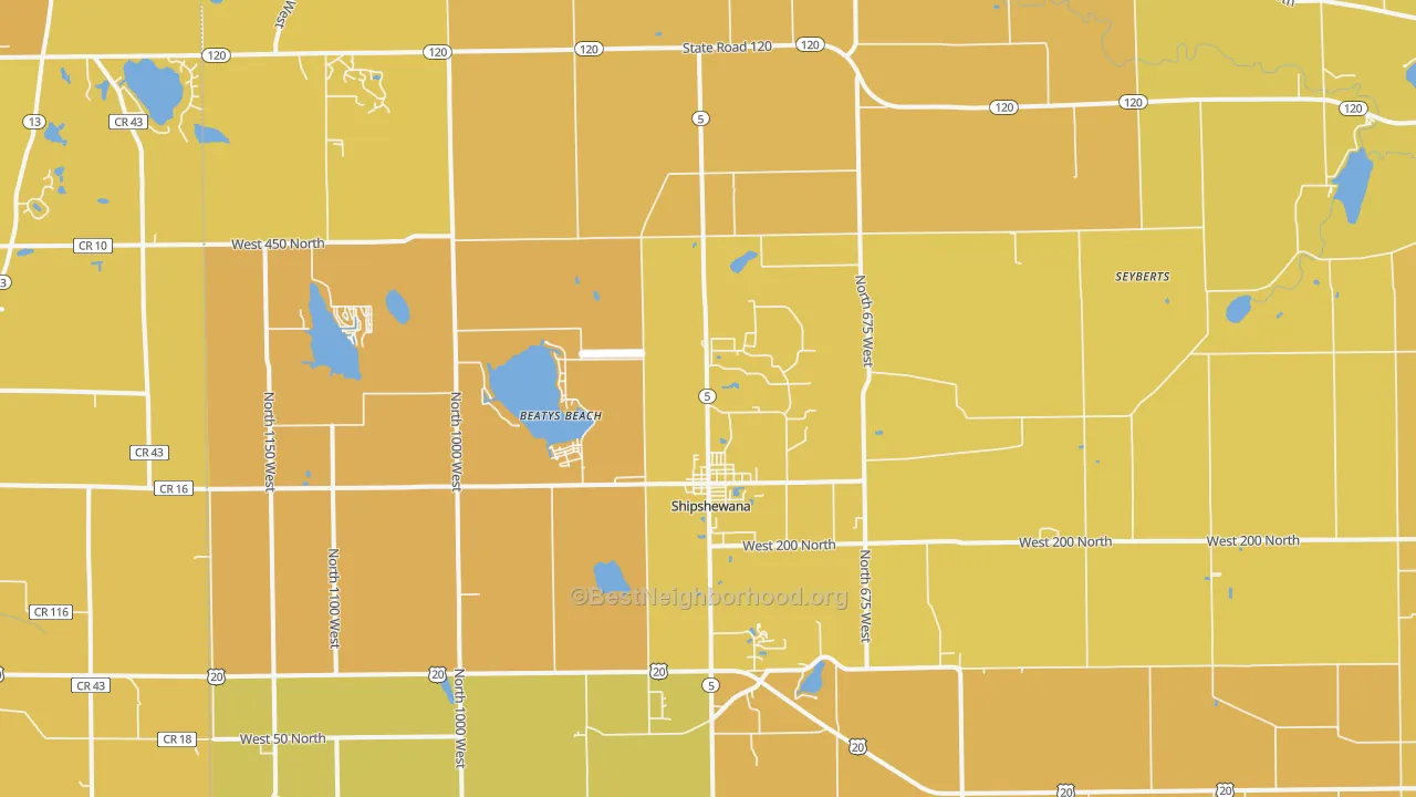 Map of the best neighborhoods in the Shipshewana area, with better matches in green and worse matches in red