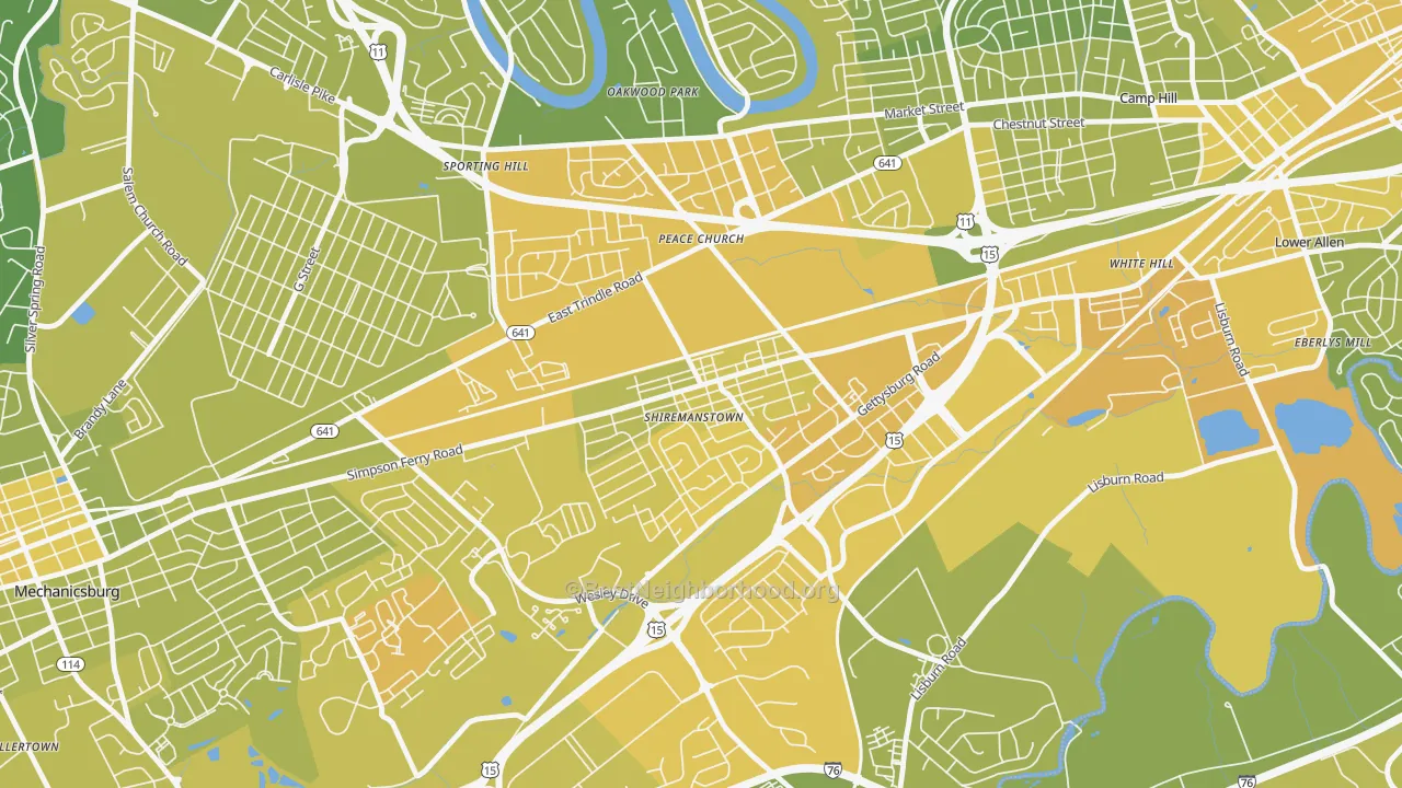 Map of the best neighborhoods in the Shiremanstown area, with better matches in green and worse matches in red