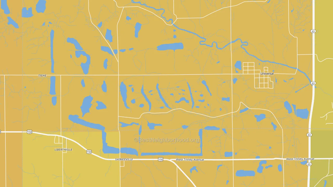 Map of the best neighborhoods in the Shirkieville area, with better matches in green and worse matches in red
