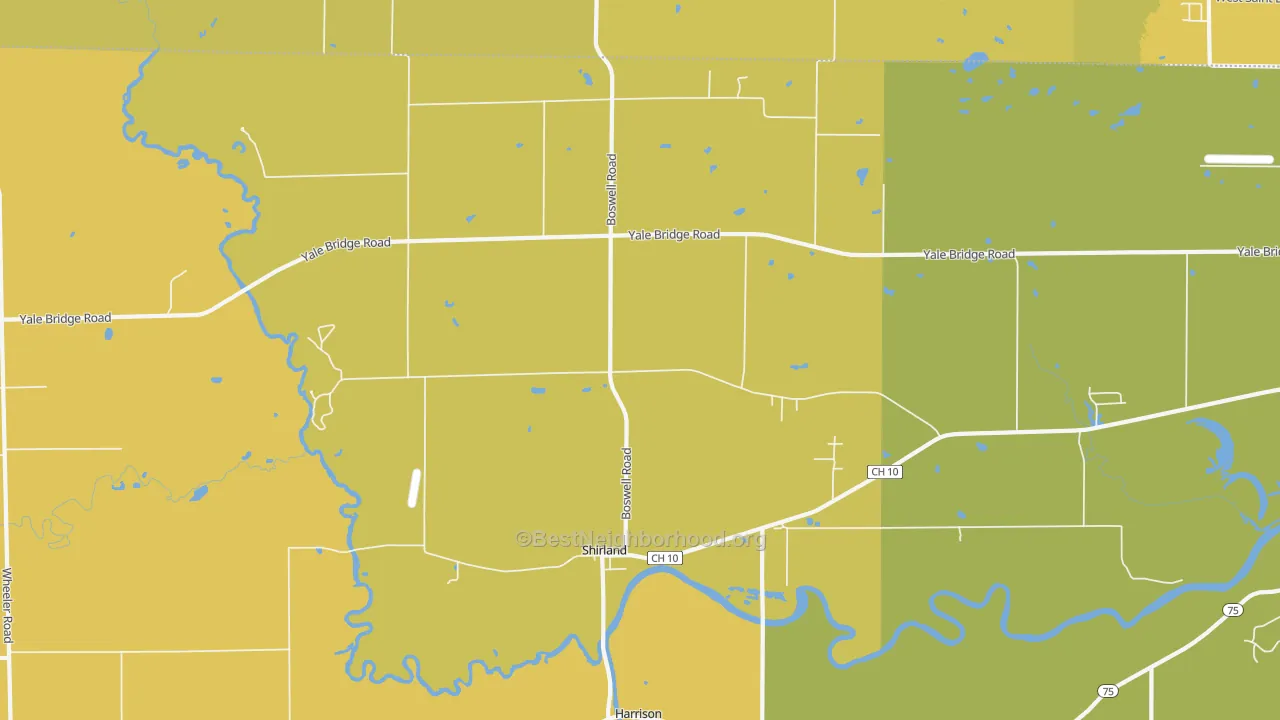 Map of the best neighborhoods in the Shirland area, with better matches in green and worse matches in red