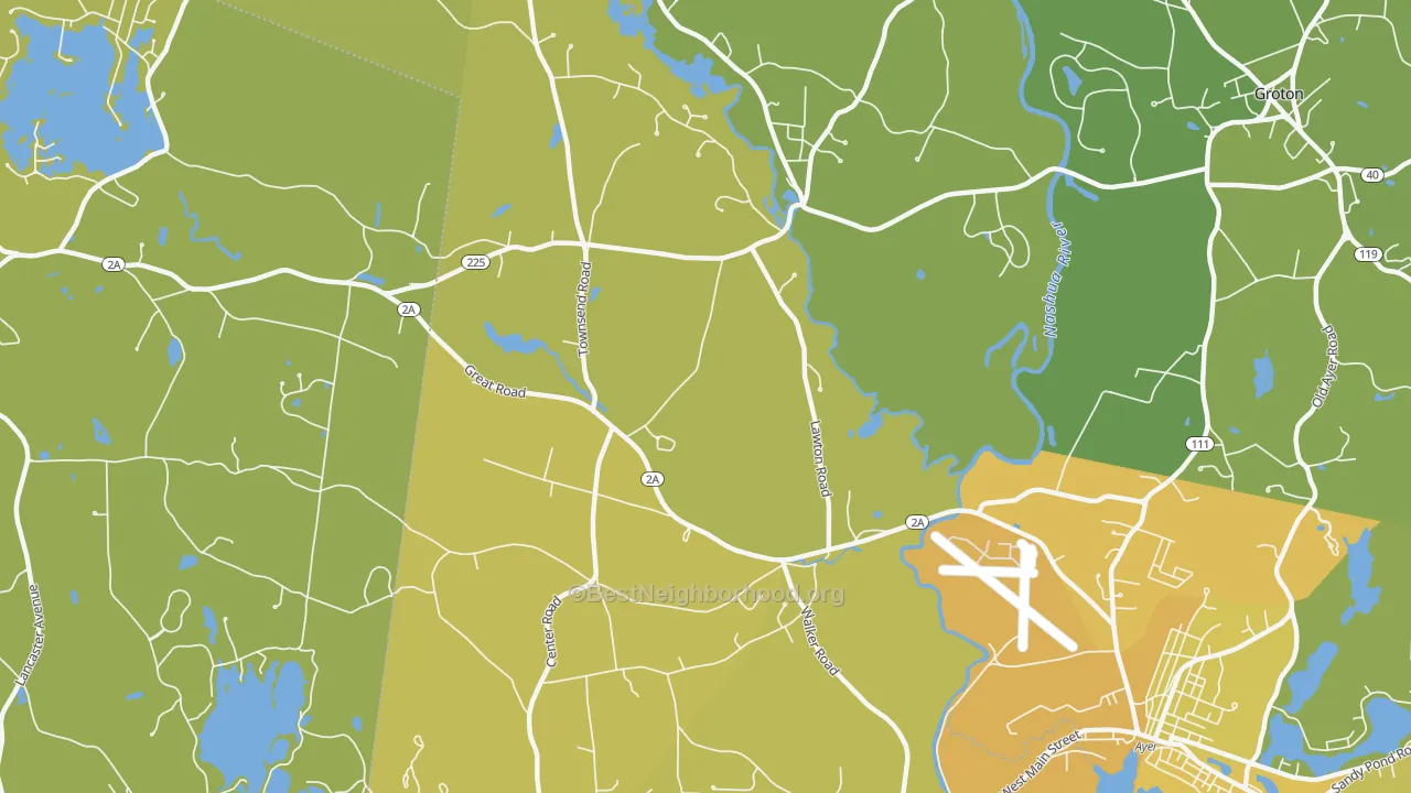 Map of the best neighborhoods in the Shirley Center area, with better matches in green and worse matches in red