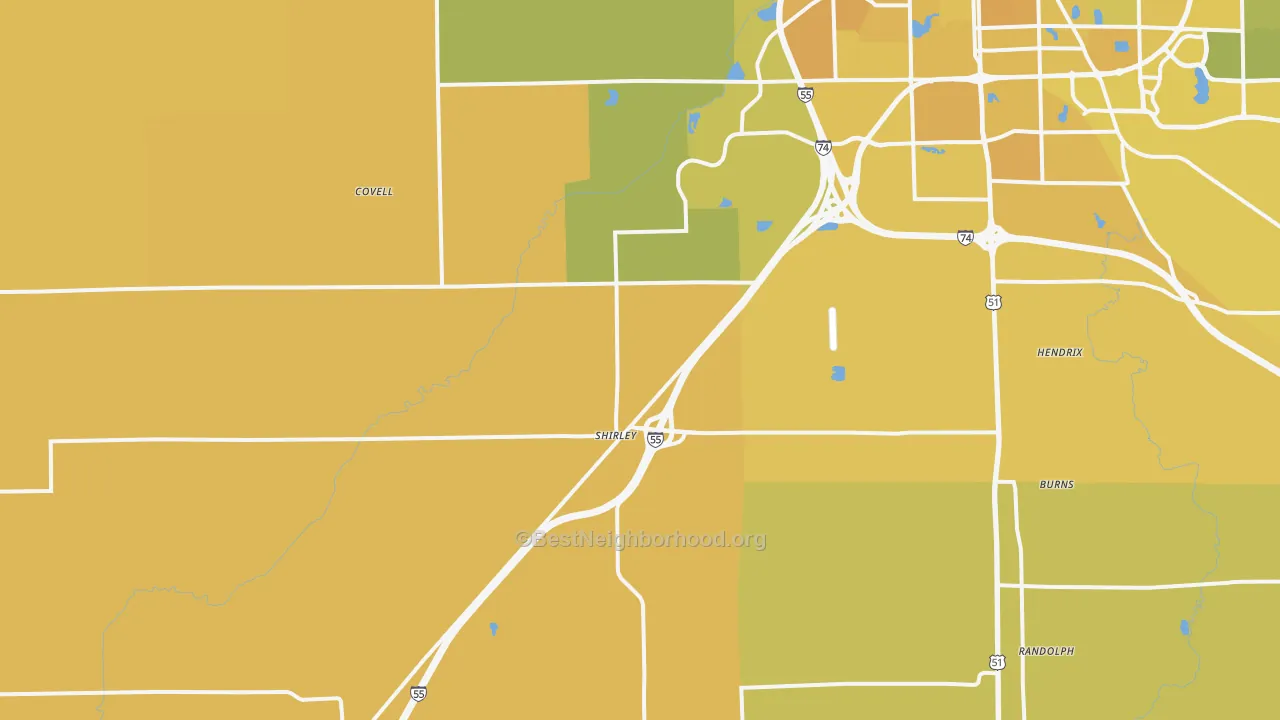 Map of the best neighborhoods in the Shirley area, with better matches in green and worse matches in red
