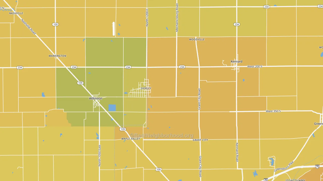 Map of the best neighborhoods in the Shirley area, with better matches in green and worse matches in red