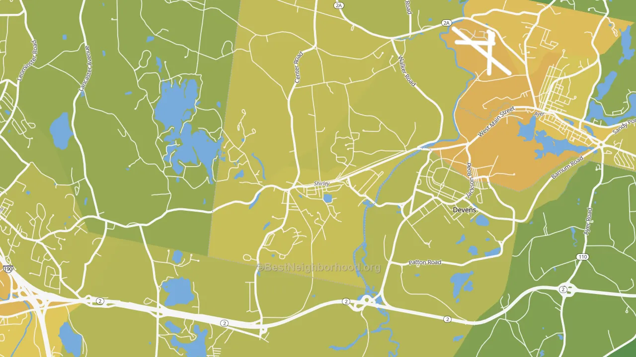 Map of the best neighborhoods in the Shirley area, with better matches in green and worse matches in red