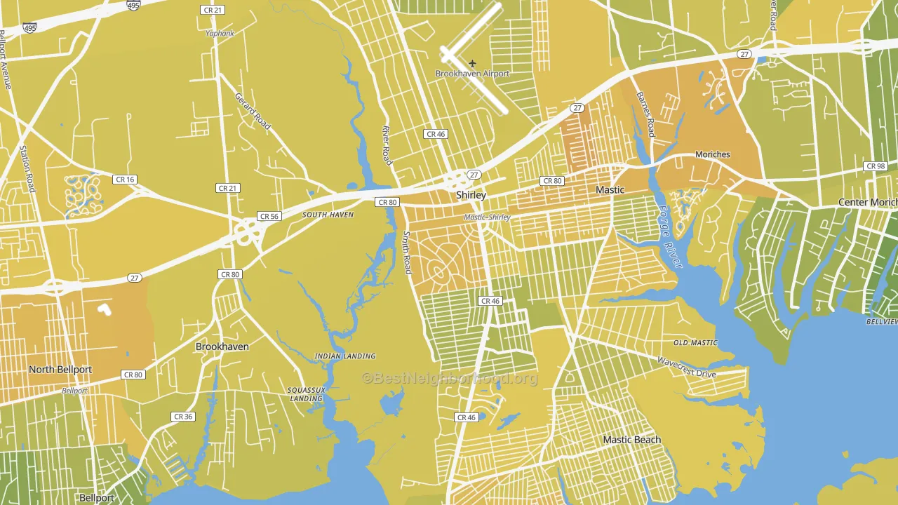 Map of the best neighborhoods in the Shirley area, with better matches in green and worse matches in red