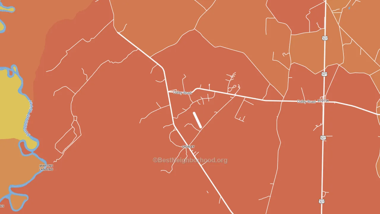 Map of the best neighborhoods in the Shirley area, with better matches in green and worse matches in red