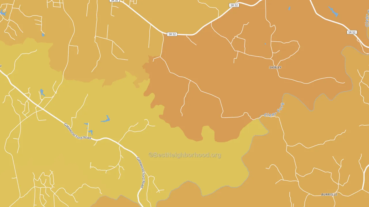 Map of the best neighborhoods in the Shirley area, with better matches in green and worse matches in red