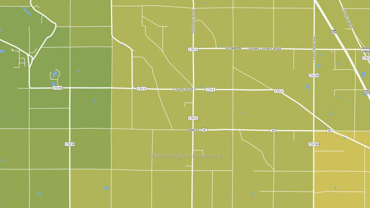 Map of the best neighborhoods in the Shirley area, with better matches in green and worse matches in red