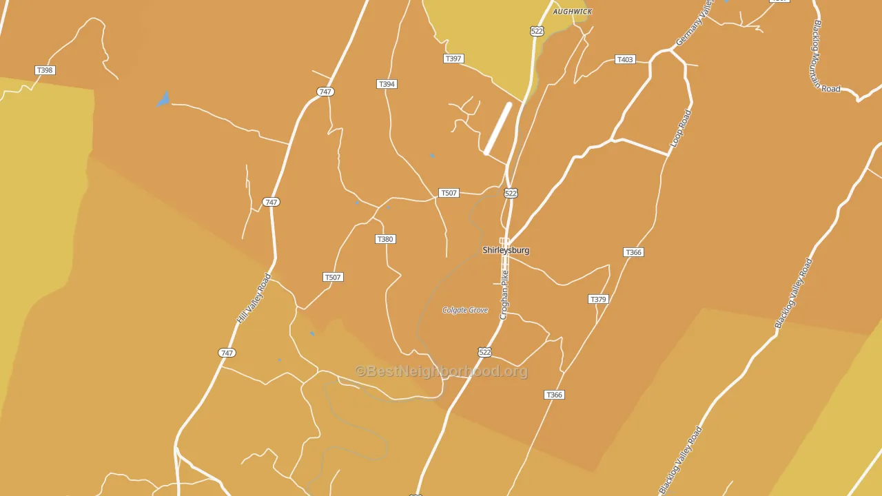 Map of the best neighborhoods in the Shirleysburg area, with better matches in green and worse matches in red