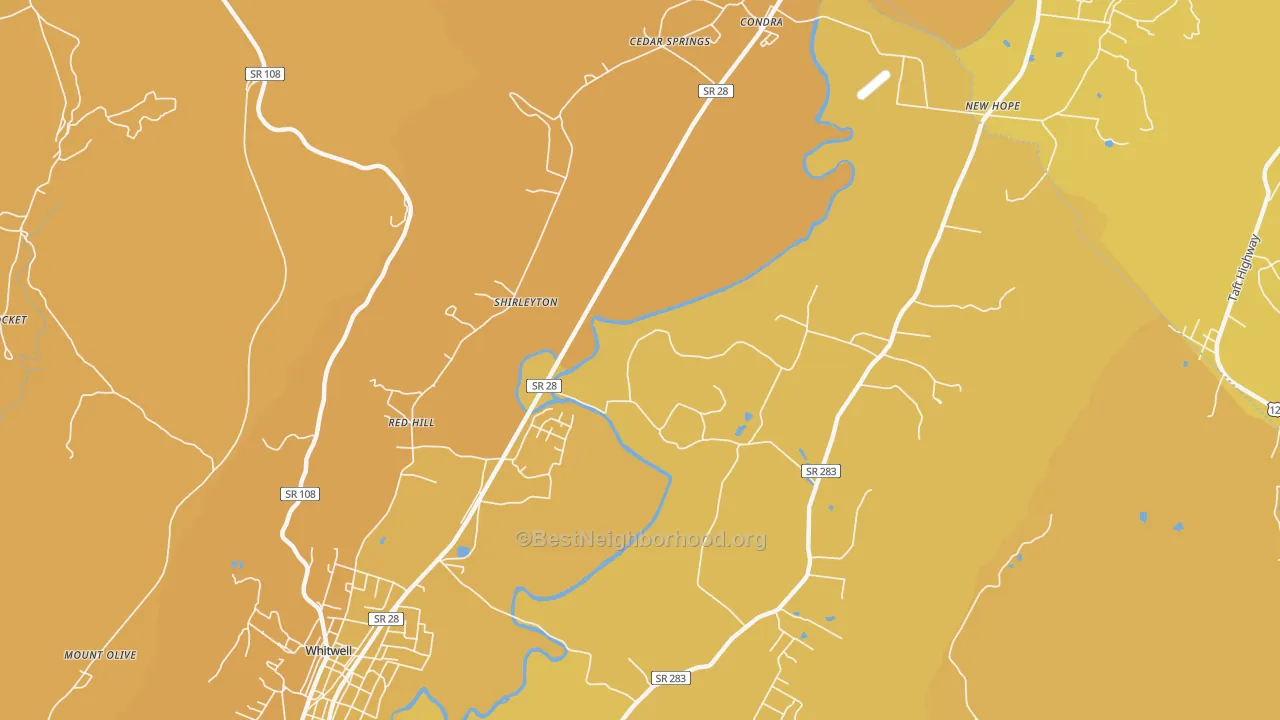 Map of the best neighborhoods in the Shirleyton area, with better matches in green and worse matches in red