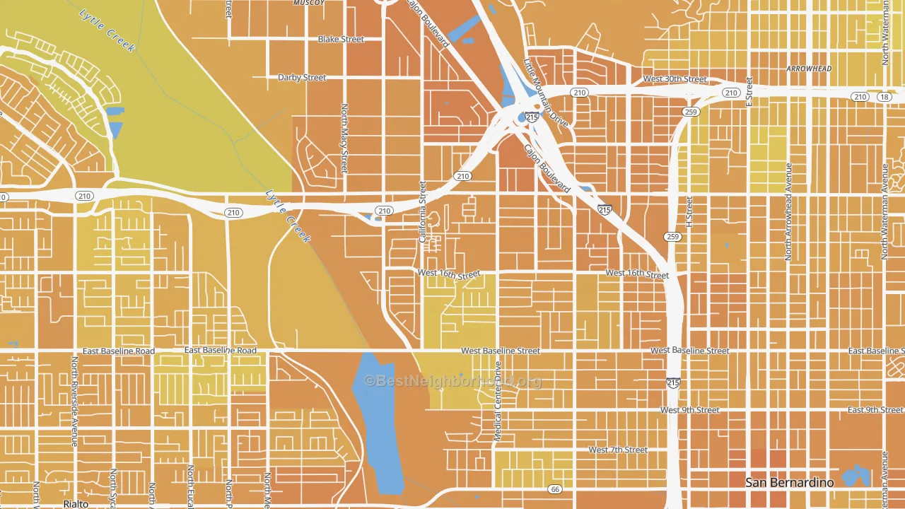 Map of the best neighborhoods in the Shirrells, San Bernardino area, with better matches in green and worse matches in red
