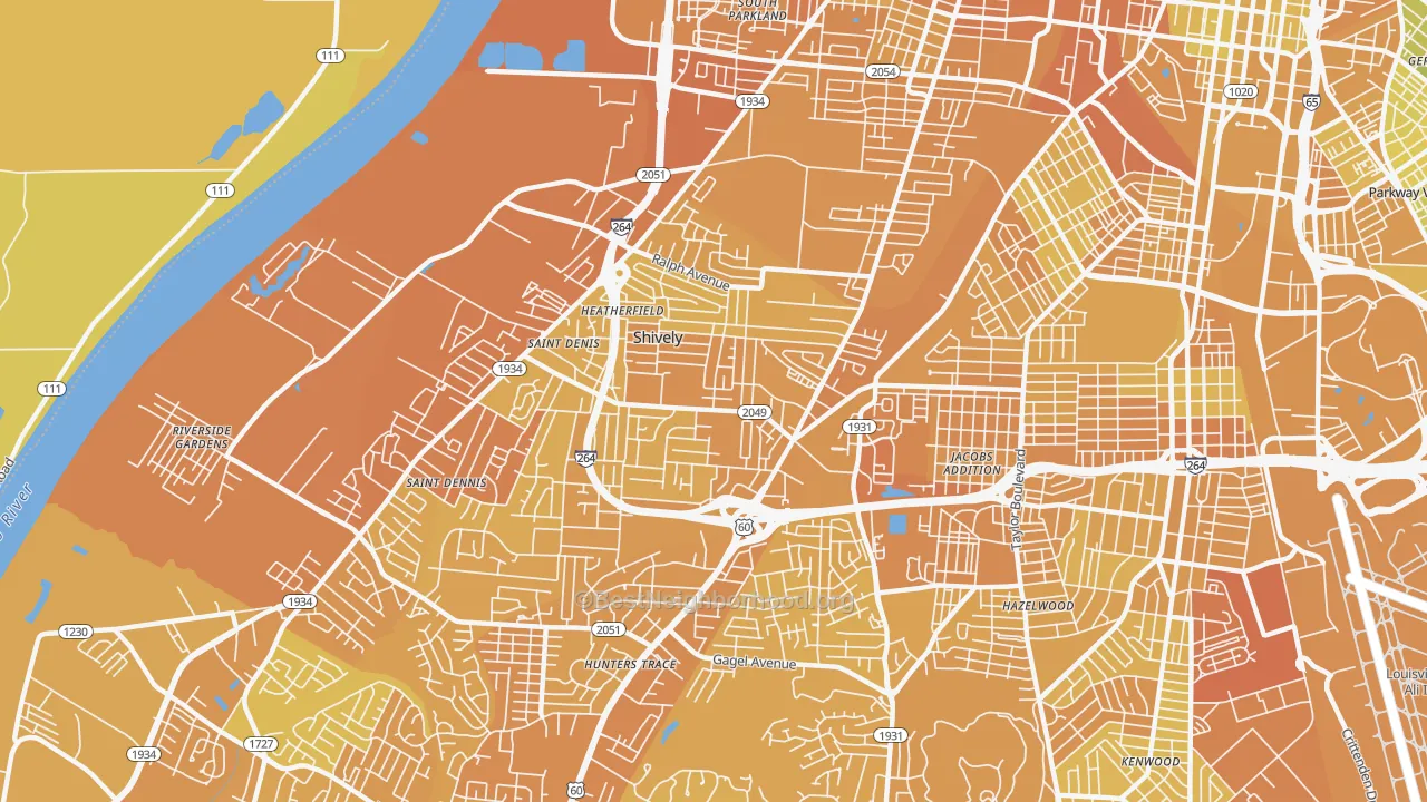 Map of the best neighborhoods in the Shively area, with better matches in green and worse matches in red
